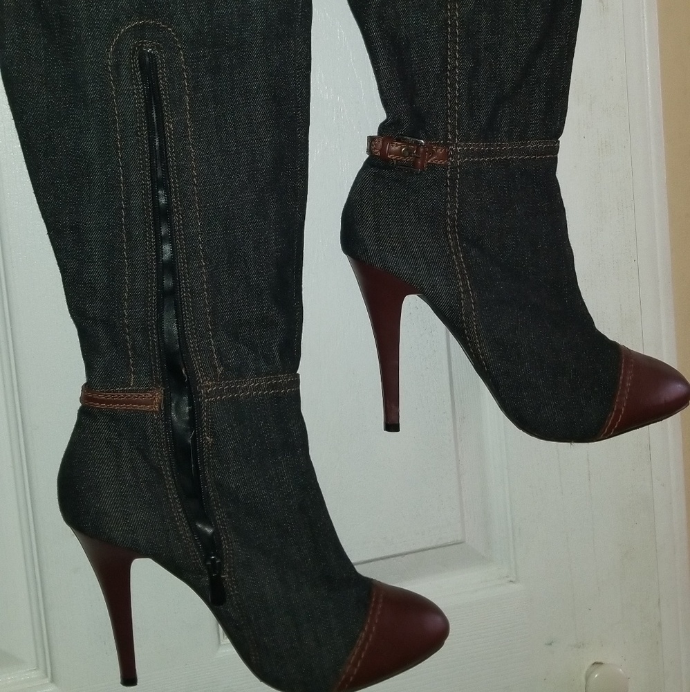 Women Black Denim Knee Boots